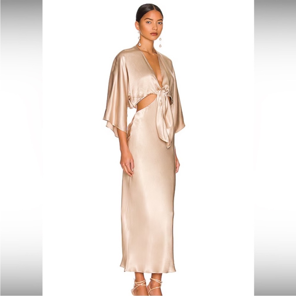 NWT Shona Joy La Lune Tie Front Bias Midi Dress in Gold - Picture 3 of 7